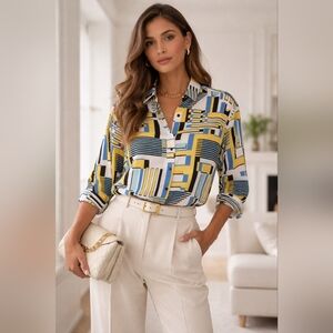 Karl Lagerfeld Geometric Longsleeve Button Down Blouse, Size Small, NWT